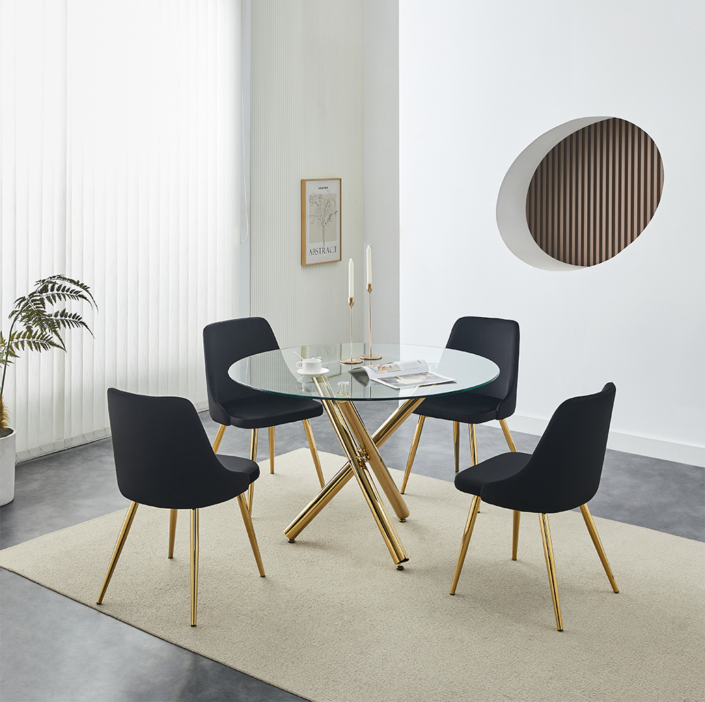 Round Marble Dining Table with Black Glass Top Set