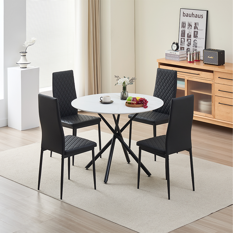White Round Glass Dining Table Modern MDF Set with 4 Chairs