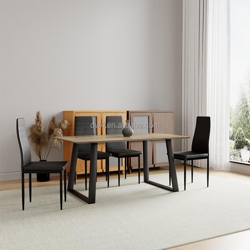 Modern Rustic Wooden Dining Table Set with Leather Chairs