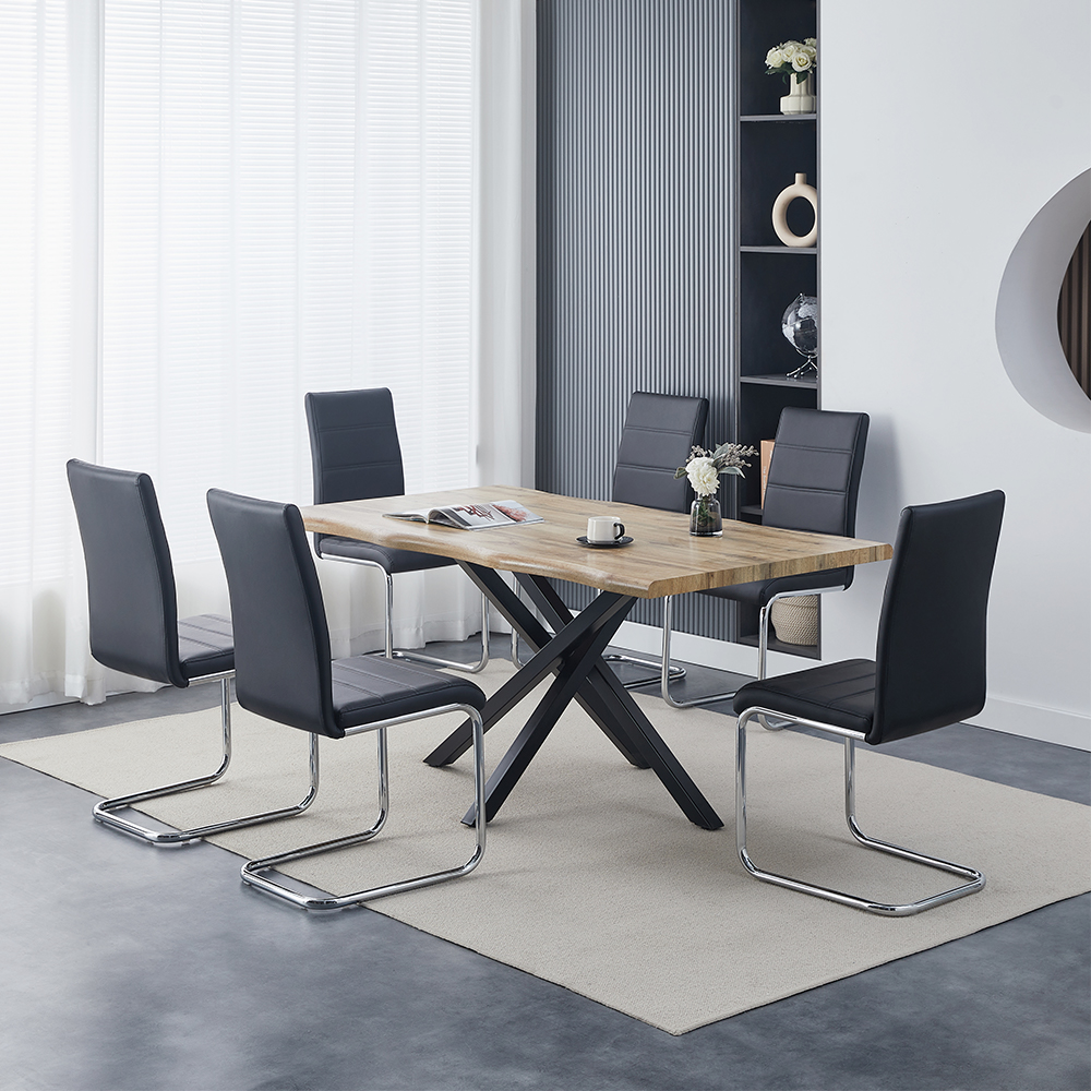 New Design X-shaped Iron Legs with Wooden Top Dining Table and Vintage Leather Chairs