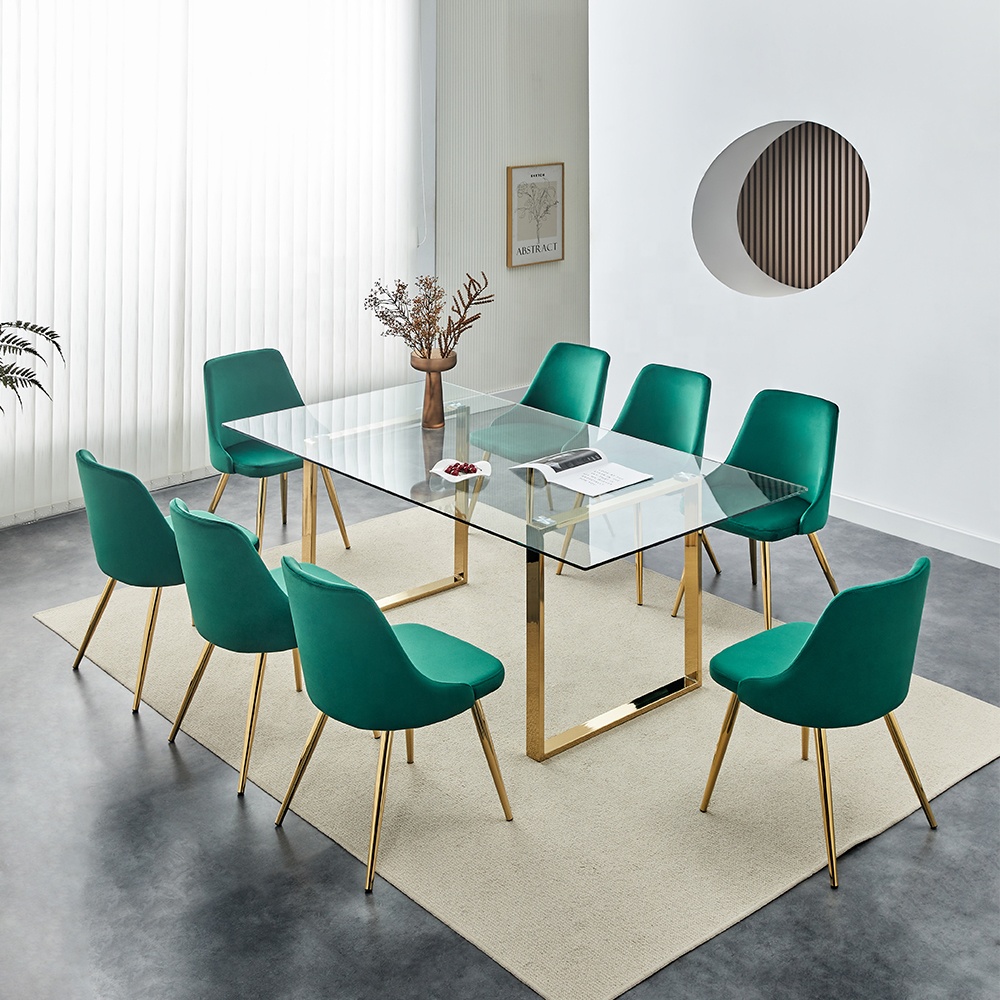 Classic 4-6 Seater Modern Glass Top Dining Table with Metal Legs and Soft Cushioned Chairs