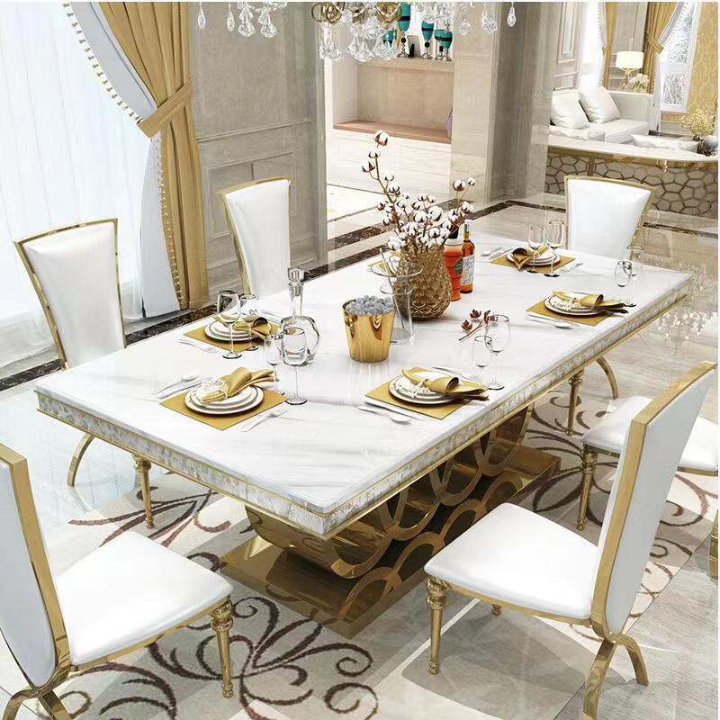 Modern Nordic Dining Table Set with White Marble Top and Gold Legs