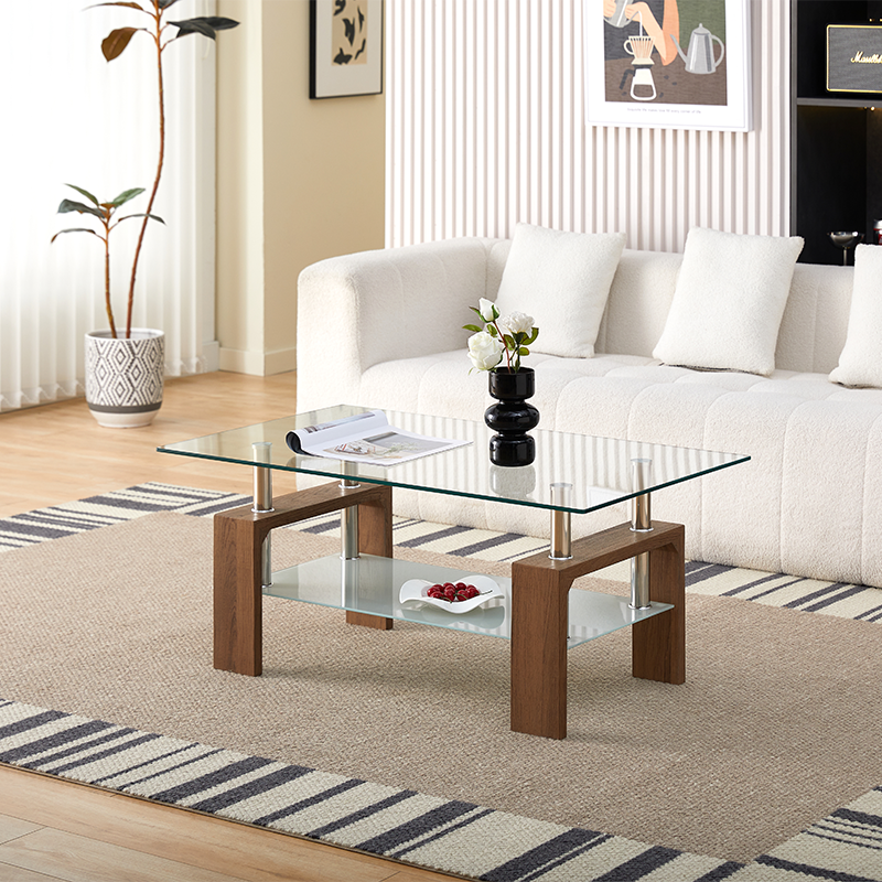 Modern Rectangle Glass Coffee Table with Wooden Legs