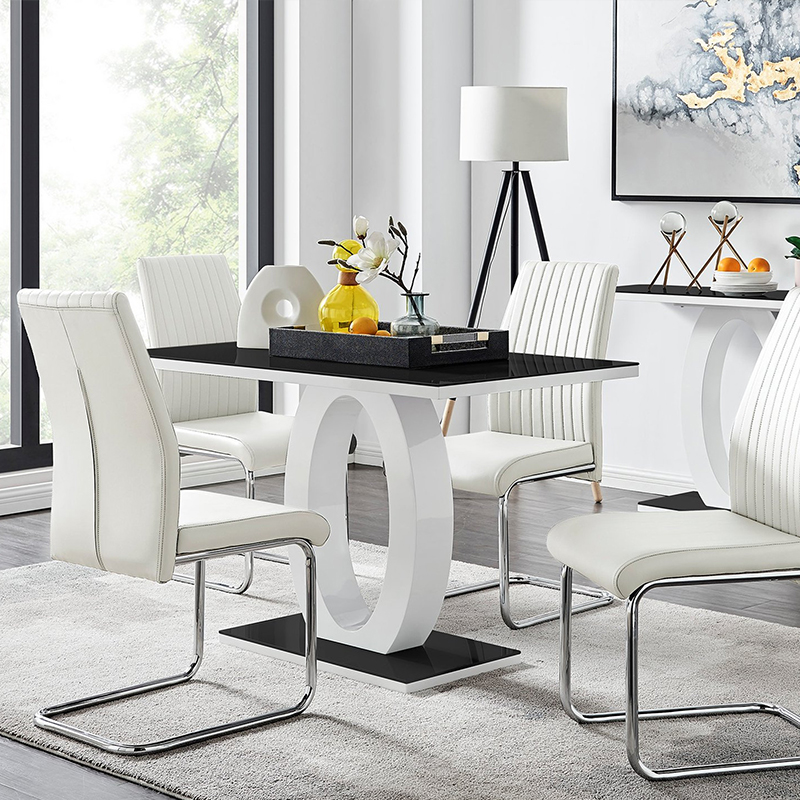Luxury Modern High Gloss Black Glass MDF Dining Table and 4 PU Leather Chairs