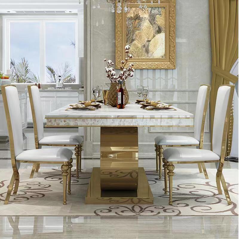 Modern Nordic Dining Table Set with White Marble Top and Gold Legs - Image 2